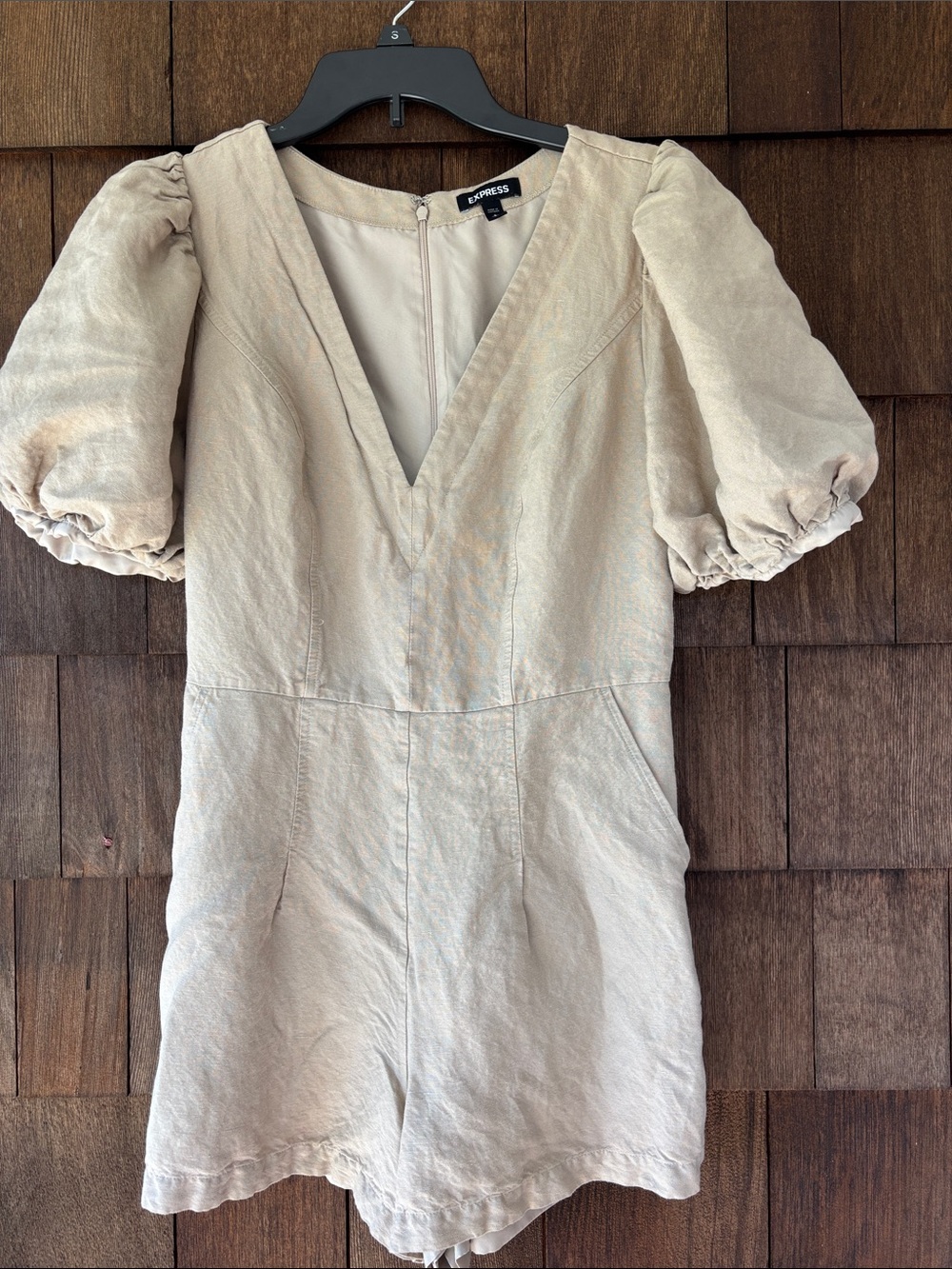 Express Cream V-Neck Puff-Sleeve Mini Dress Romper